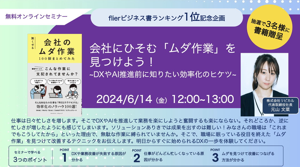 【2024/6/14(金)12:00 無料オンラインセミナー】会社にひそむ「ムダ作業」を見つけよう！​